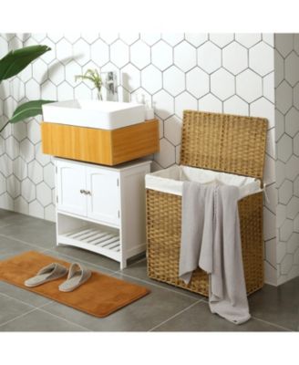 Synthetic Rattan Laundry Hamper with Lid, 2 Sections Removable Liner Bag