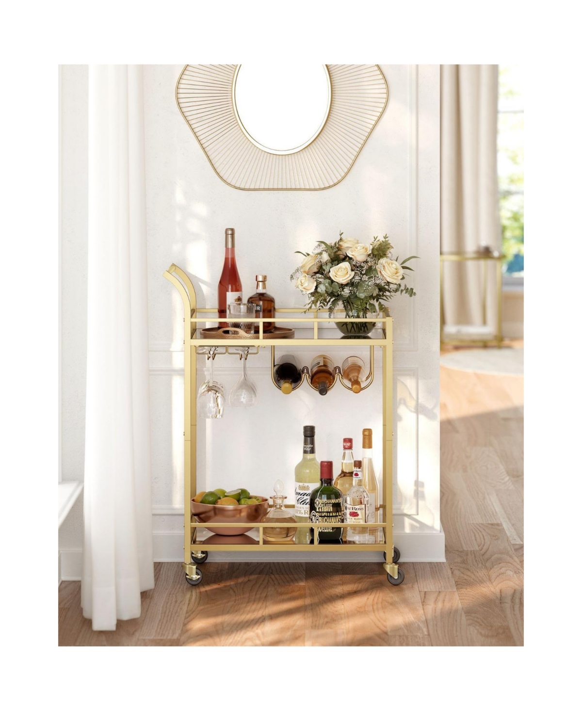 Slickblue Home Bar Serving Cart with 2 Mirrored Shelves Elegant Bar Cart for Entertaining and Storage