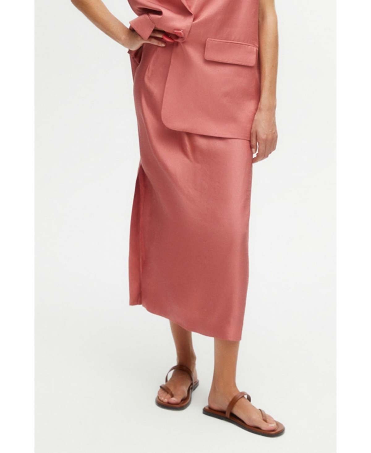 Women's Midi Skirt with Slits - Salmon