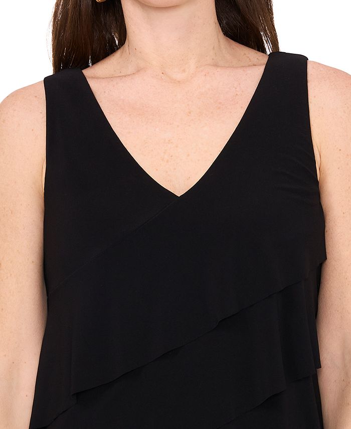 SHOULDER PADS RUFFLED V-NECK ASYMMETRIC HEM DRESS