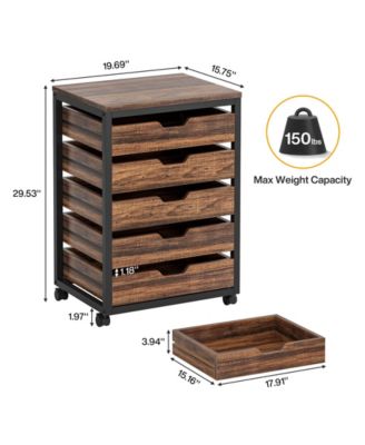 5-Drawer Wood Storage Cabinet with Wheels – Industrial Organizer Cart for Office, Bedroom, Entryway