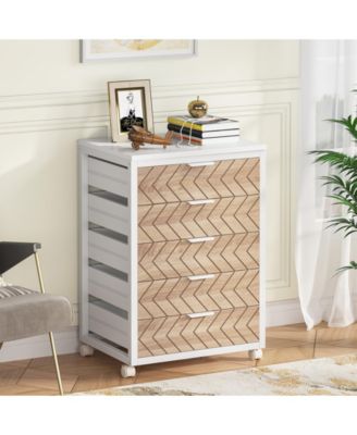 5-Drawer Wood Storage Cabinet with Wheels – Industrial Organizer Cart for Office, Bedroom, Entryway