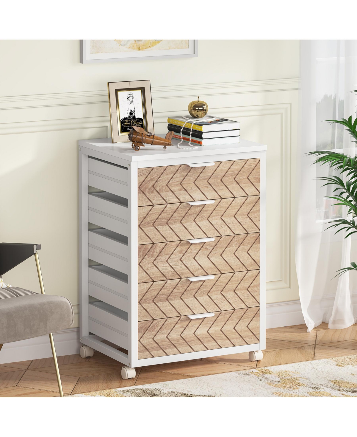 Tribesigns 5 Drawer Chest, Wood Storage Dresser Cabinet with Wheels, Industrial Storage Drawer Organizer Cart for Office Bedroom Entryway - Beige and