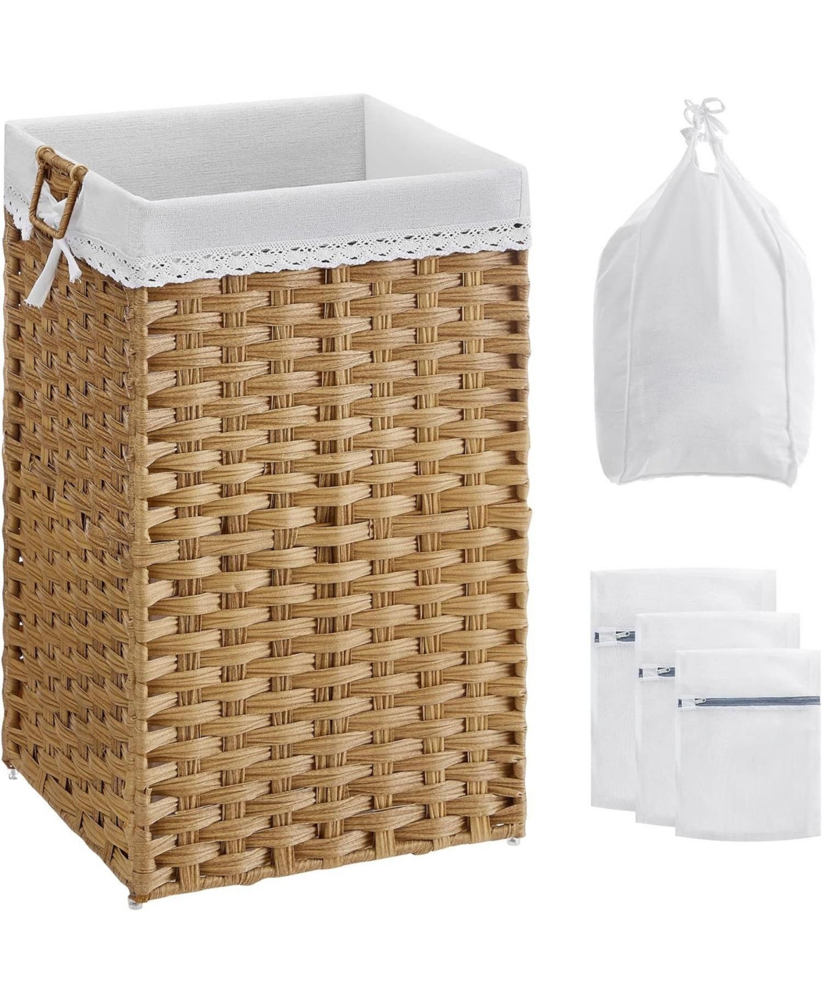 Laundry Hamper with 2 Removable Liner Bags & 3 Mesh Laundry Bags, 90L Sturdy Tall Laundry Bin - Natural