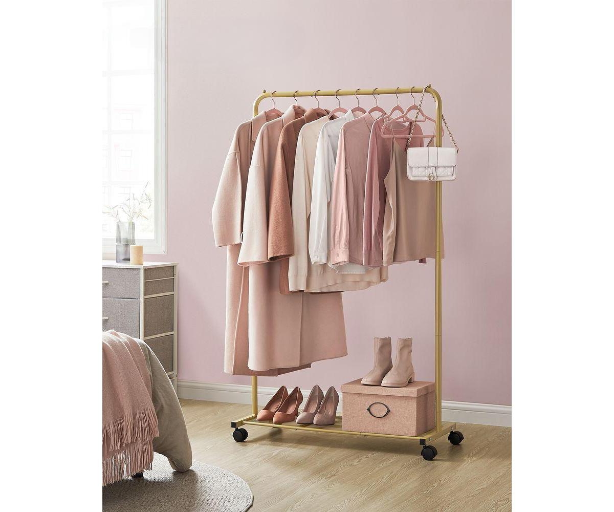 Slickblue Clothes Rack with Wheels, Garment Rack, with Dense Mesh Shelf, 2 Brakes, Sturdy Steel Frame