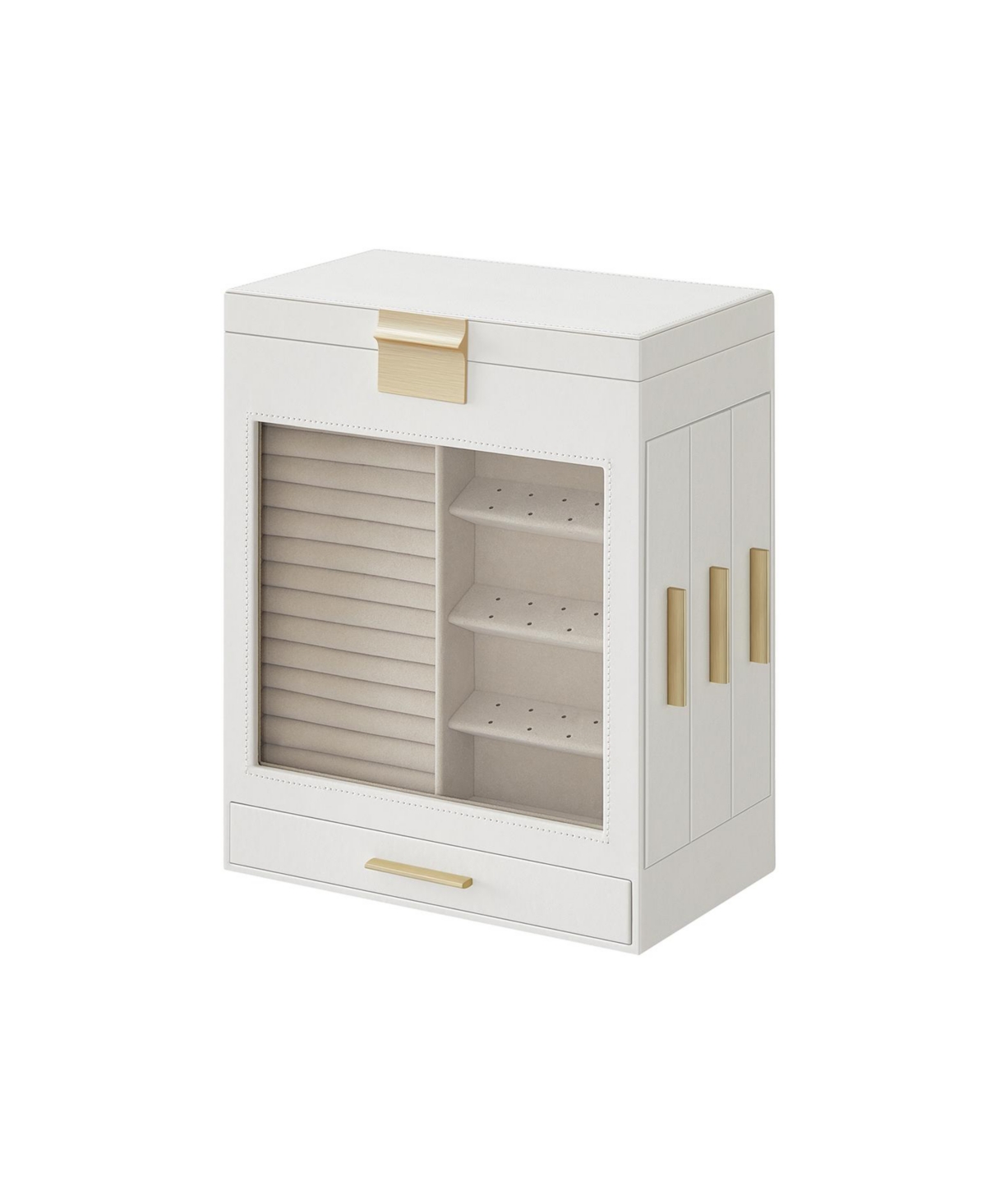 Jewelry Box with Glass Window, 5-Layer Jewelry Organizer with 3 Side Drawers, Jewelry Storage - White