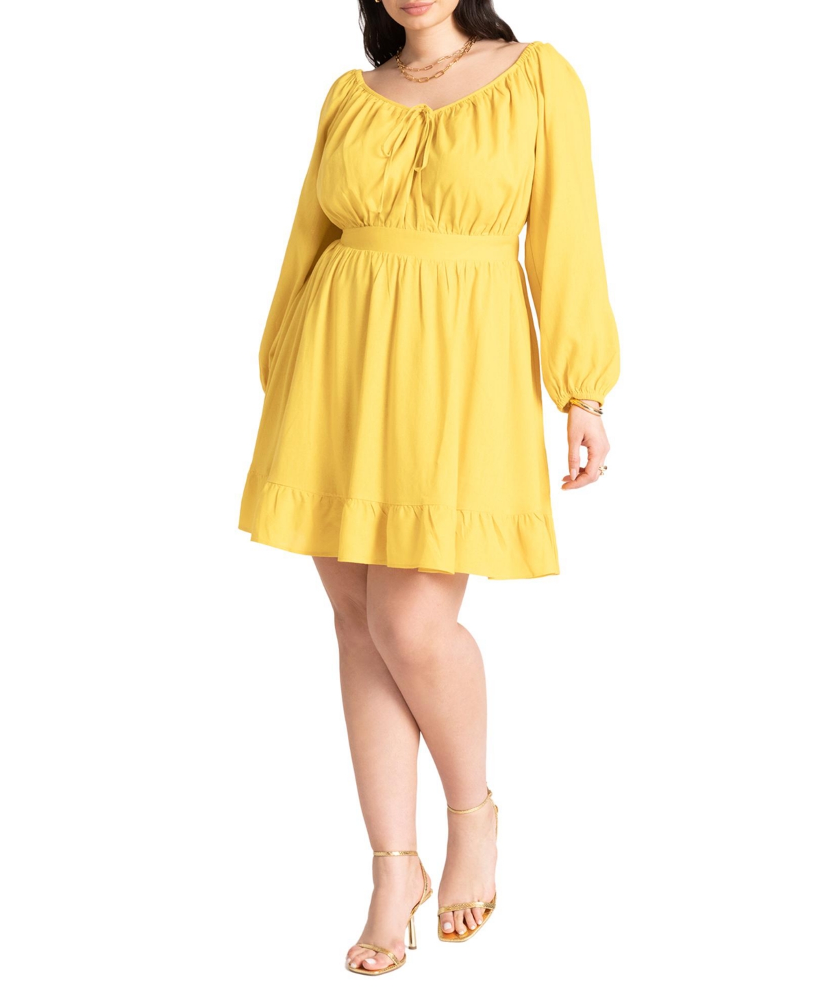 Plus Size Puff Sleeve Linen Mini Dress - Yellow kiwi