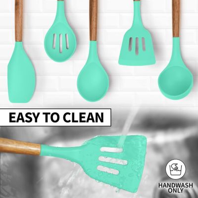 5 Piece Silicone Utensils Set with Authentic Acacia Wood Handles