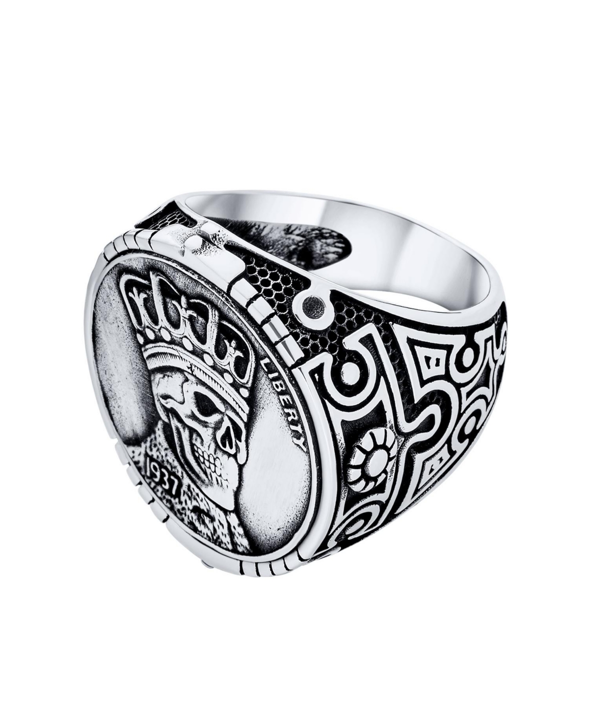 Bling Jewelry Statement Eagle Head Liberty 1937 Coin Novelty as Men's Biker Jewelry Gothic Crown Skull Ring Oxidized Sterling- Silver