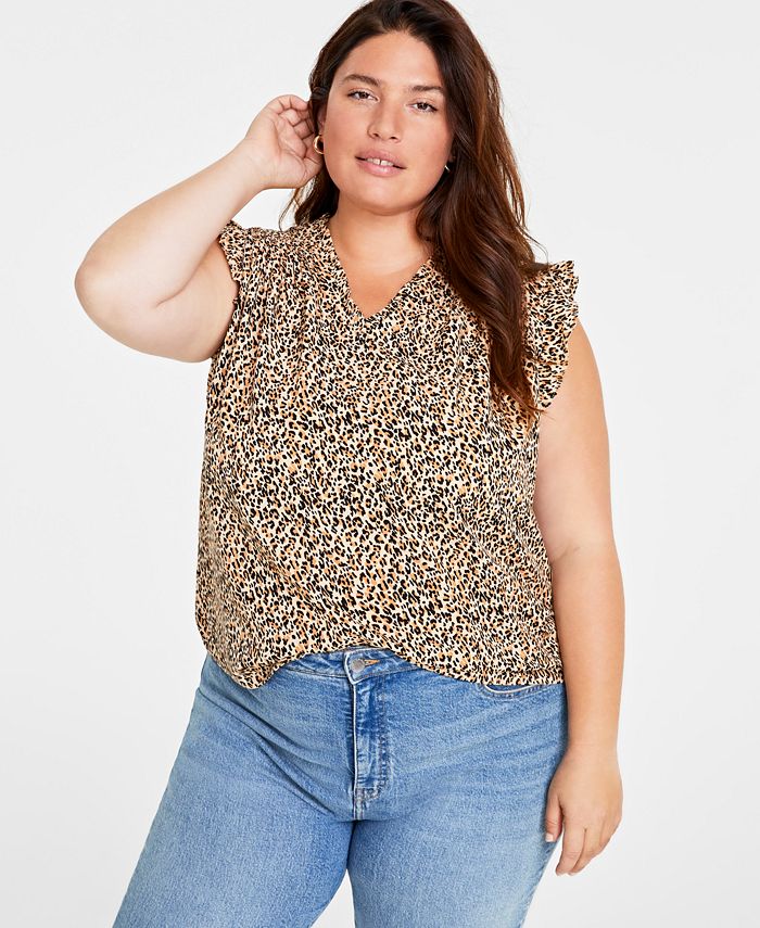 On 34th Trendy Plus Size Leopard-Print Ruffle-Sleeve Top, Created for ...