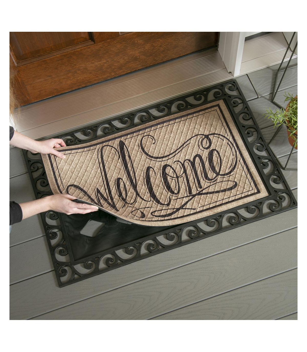 Evergreen Scroll Cutout Embossed Floor Mat Indoor Outdoor Rubber Tray Fits Embossed Doormats Size- Black