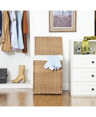 Handwoven Laundry Basket With Lid, Rattan Divided Clothes Hamper With Handles