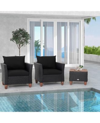 3PCS Patio Rattan Conversation Set Outdoor Furniture Set w/ Black Cushions