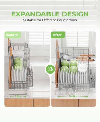 Expandable Kitchen Counter Stainless Steel Large Dish Drying Rack with Cutlery Box and Cup Knife Holder