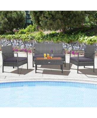 8PCS Rattan Patio Conversation Furniture Set w/ Acacia Wood Tabletop & Cushions
