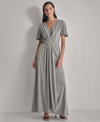 DKNY - Women's Metallic Pleated Belted Flutter-Sleeve Gown