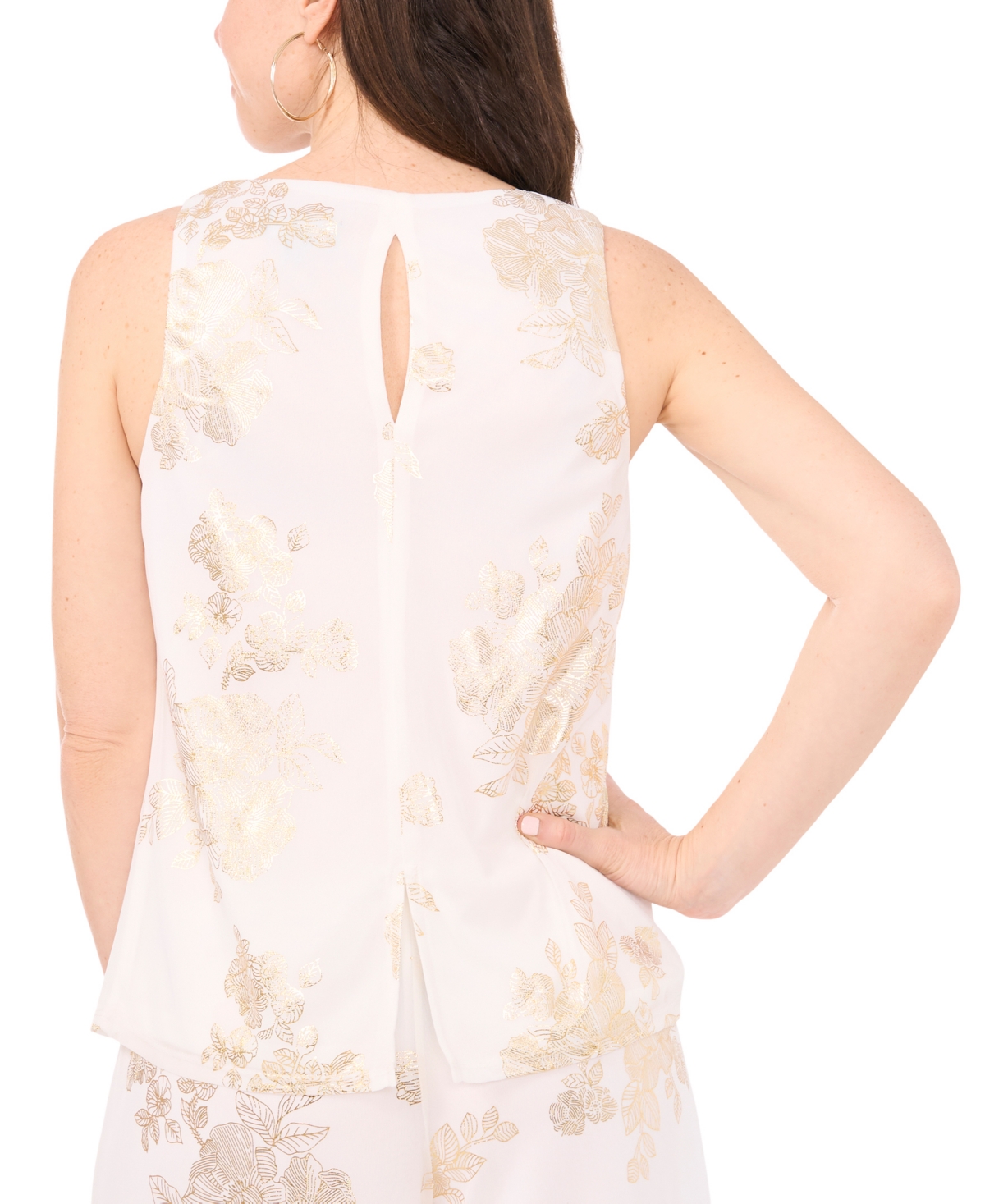 Msk Petite Metallic-Print Keyhole-Back Top -Gold
