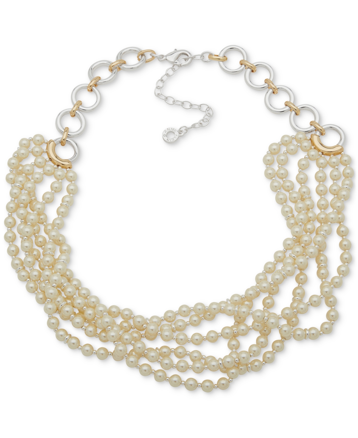 Two-Tone Imitation Pearl Ring Layered Statement Necklace, 16" + 3" extender - Pearl