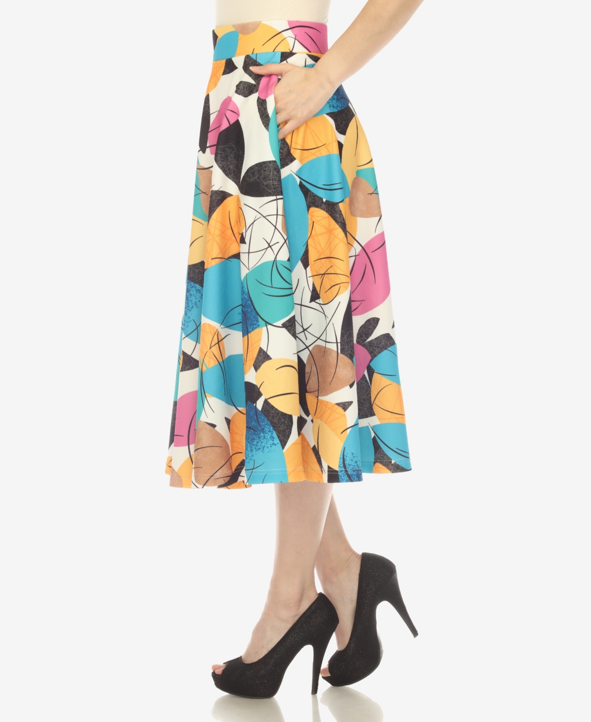 White Mark Women's Leaf Print Vintage Flared Midi Skirt In Yellow