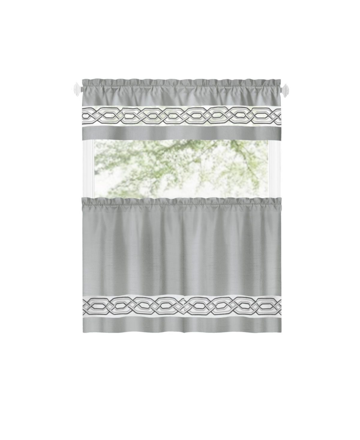 Pacifico Complete 3 Piece Rod Pocket Embroidered Tier & Valance Kitchen Curtain Set - Sage