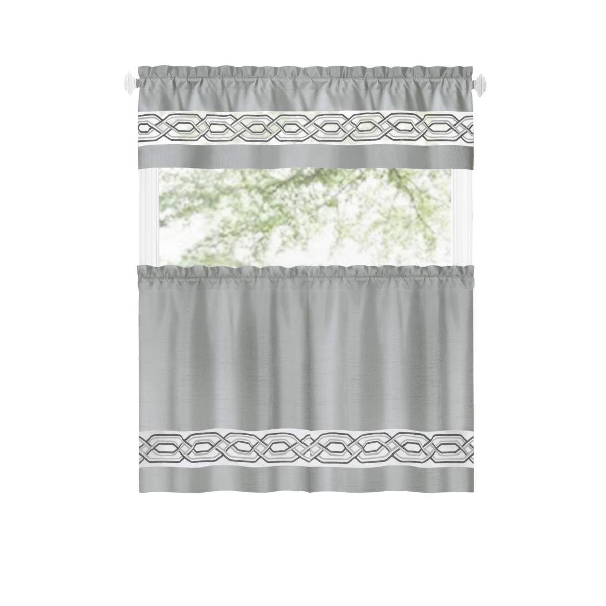 Pacifico Complete 3 Piece Rod Pocket Embroidered Tier & Valance Kitchen Curtain Set - Sage