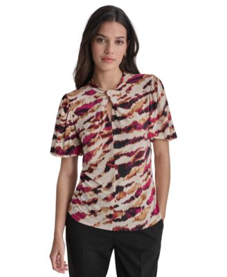 DKNY - Women's Printed Balloon-Sleeve Twist-Neck Top