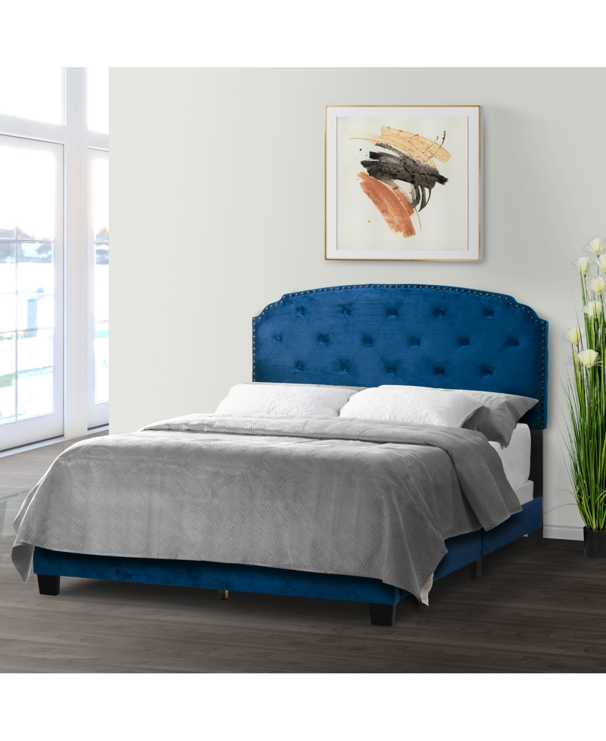 Shop Glamour Home 51.75" Arin Fabric, Rubberwood Queen Bed In Navy