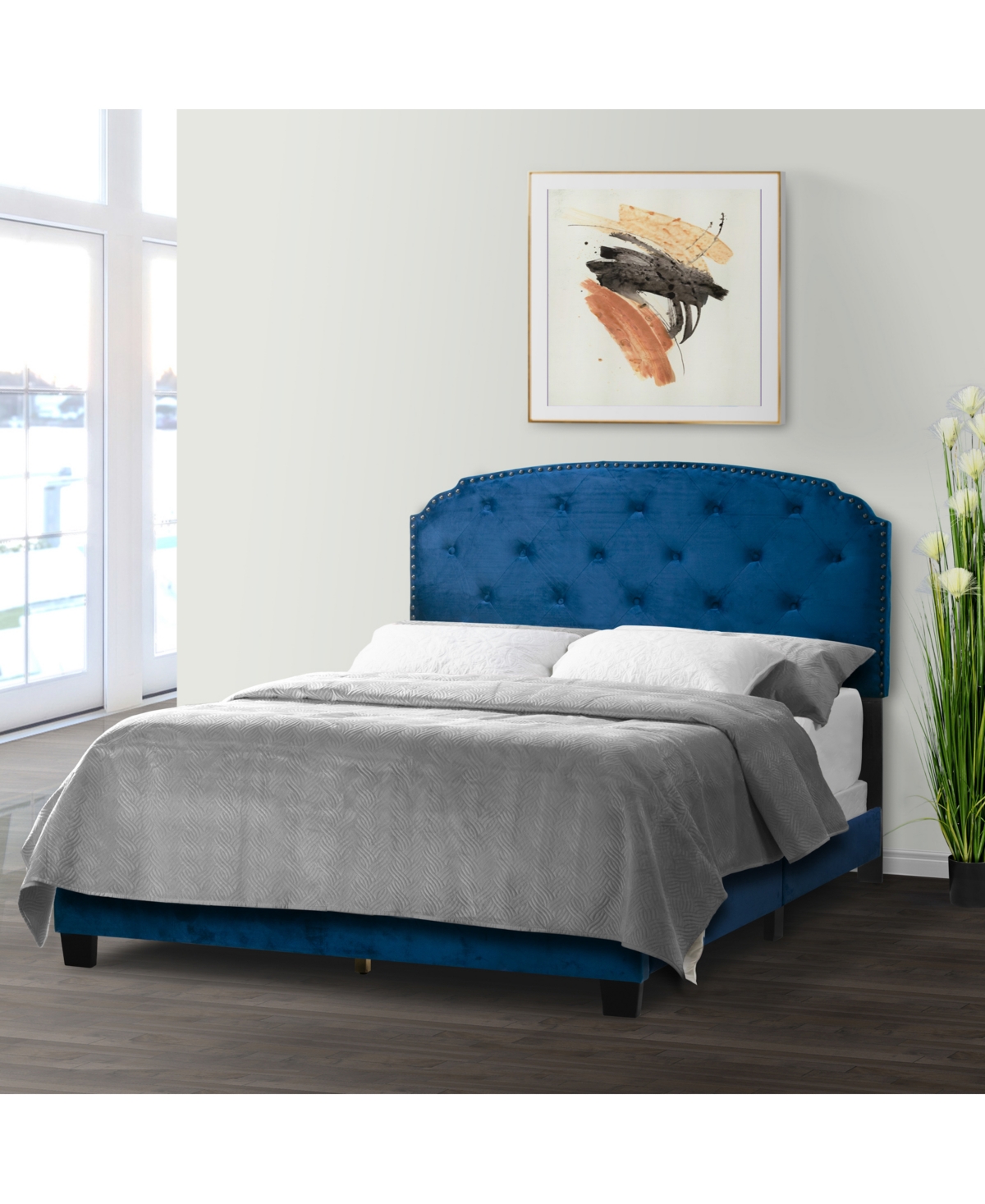 Glamour Home 51.75" Arin Fabric, Rubberwood Queen Bed In Navy