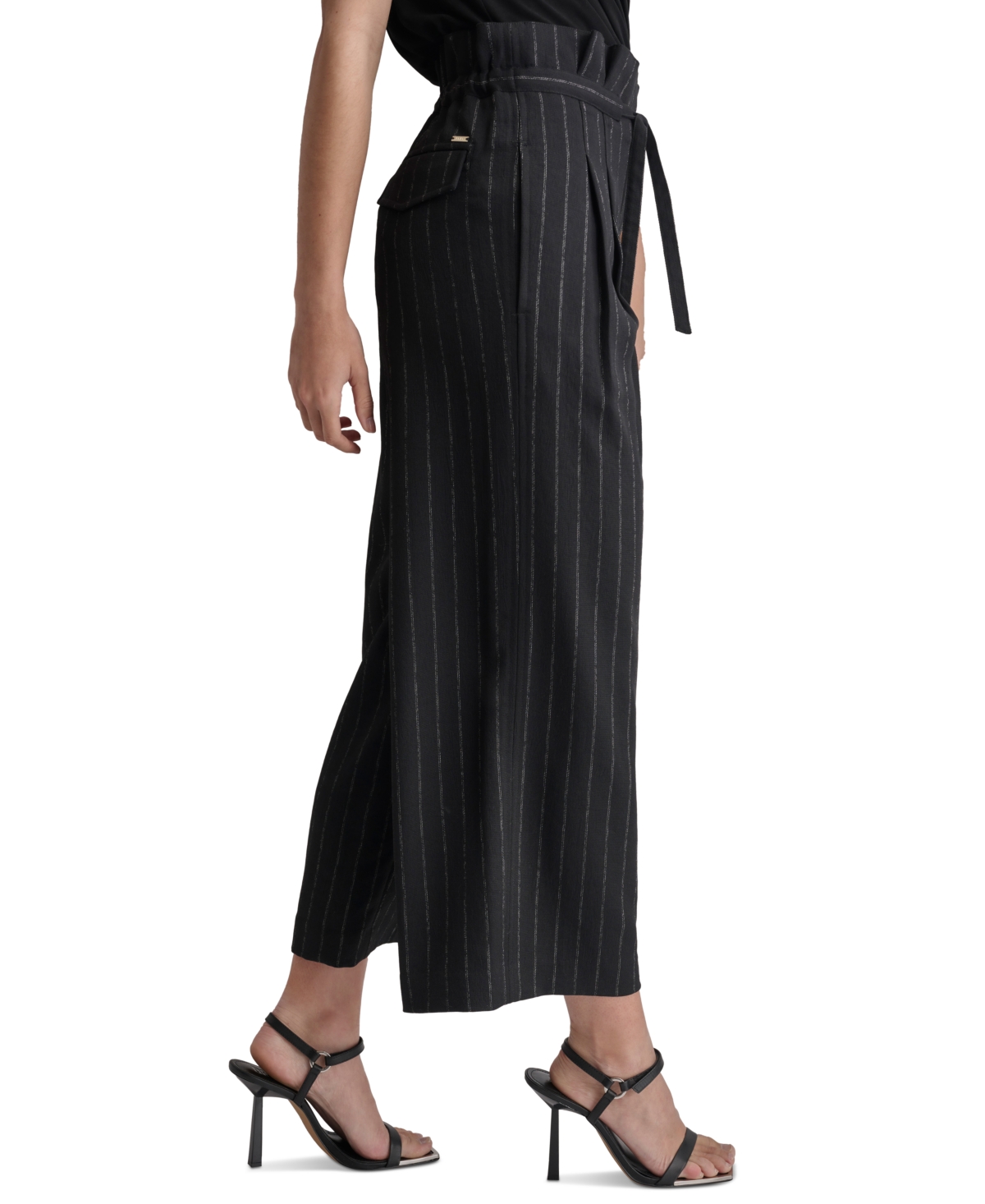 Dkny Women's Pinstripe Mid Rise Paperbag-Waist Cropped Pants -parchm