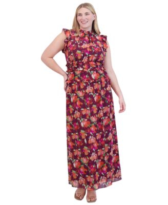 Vince Camuto - Plus Size Printed Chiffon Ruffle Maxi Dress