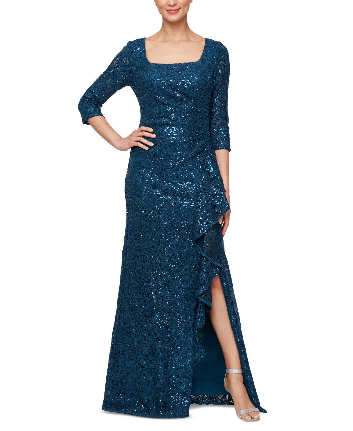 Women's Sequin Lace 3/4-Sleeve Gown - Deep Teal