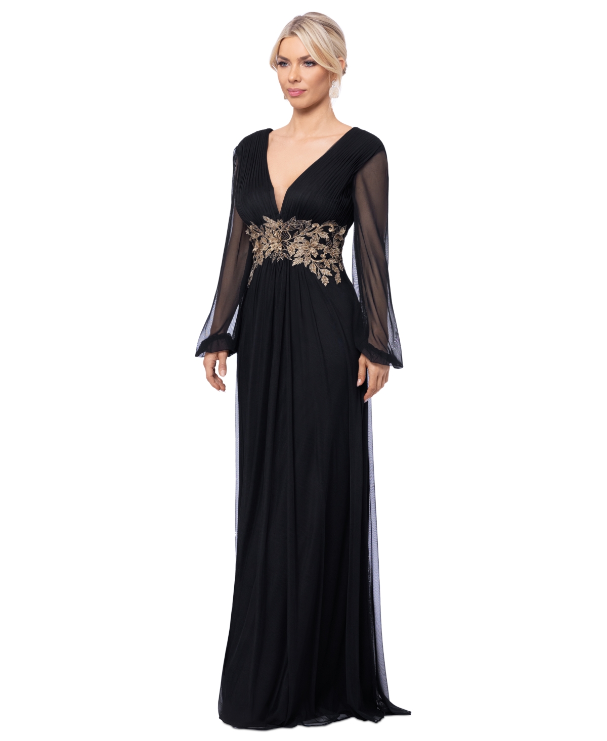 Betsy & Adam Women's Plunge-neck Blouson-sleeve Gown In Black,gold