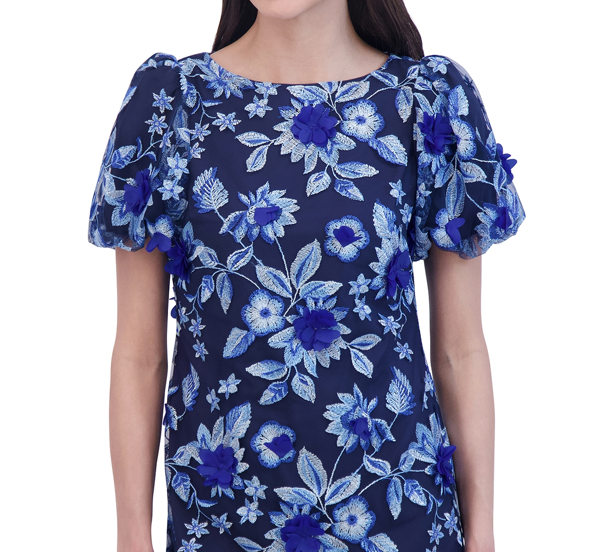 Eliza J Women's Floral Embroidered Puff-sleeve Sheath Dress In Navy Multi