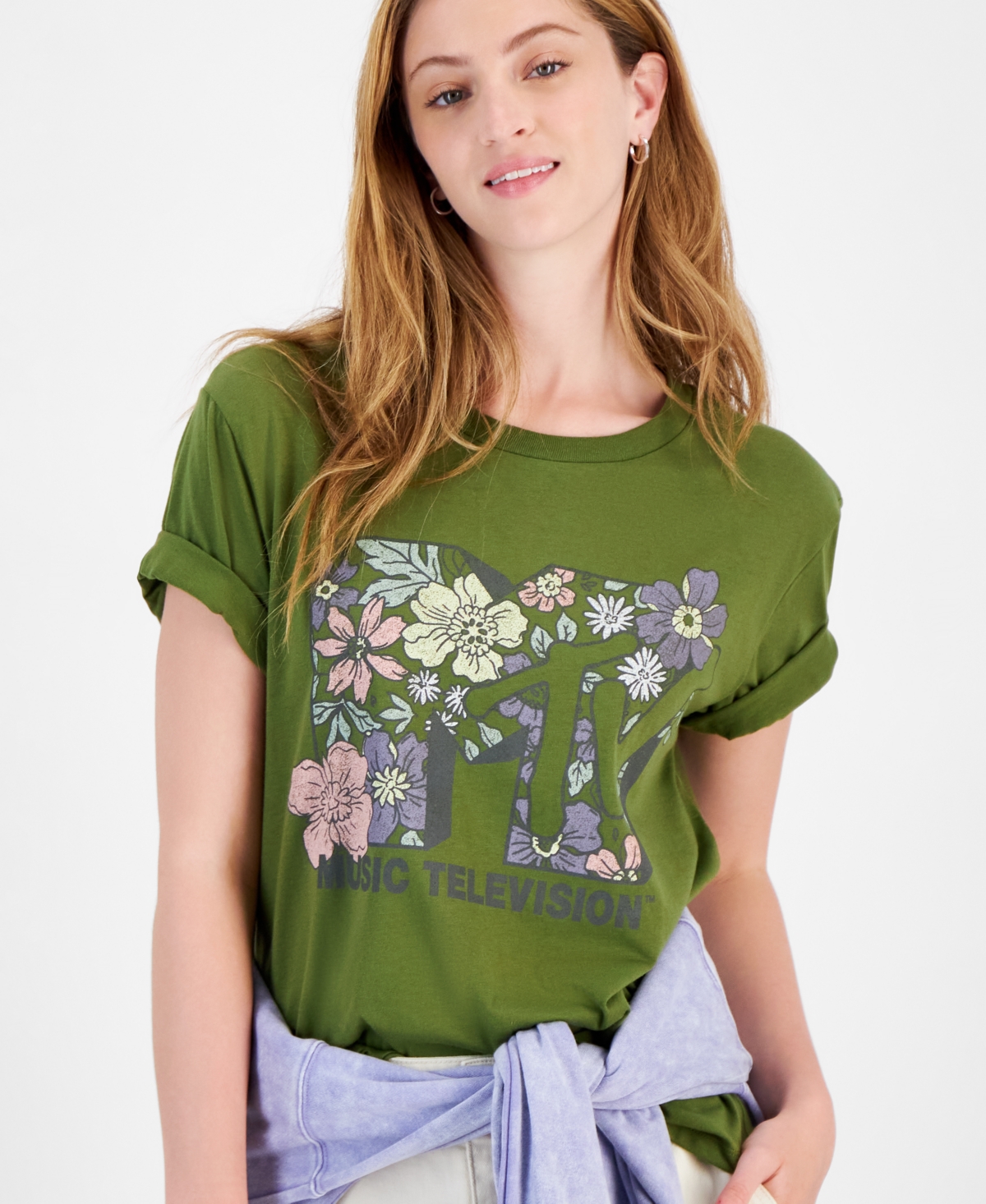Love Tribe Juniors' Mtv Floral Cotton Crewneck Tee In Olive