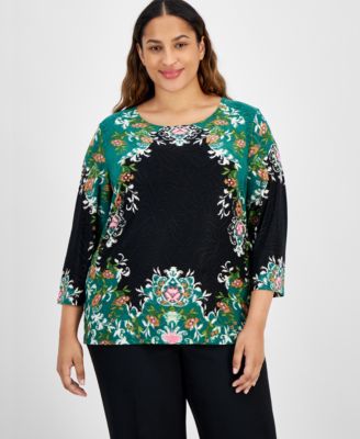 JM Collection Plus Size 3/4-Sleeve Blooming Jacquard Top, Created for ...