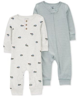 Baby Boys Car-Print Coverall & Striped Sleep & Play Coverall, Pack of 2