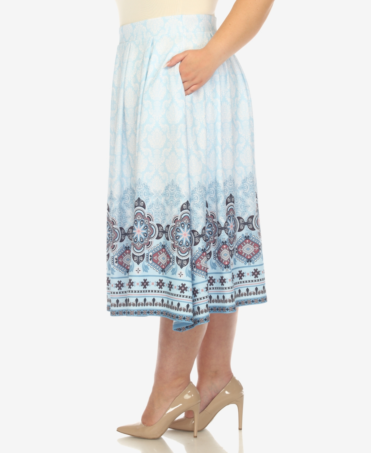 White Mark Plus Size Pleated Skirt With Border Print In Blue