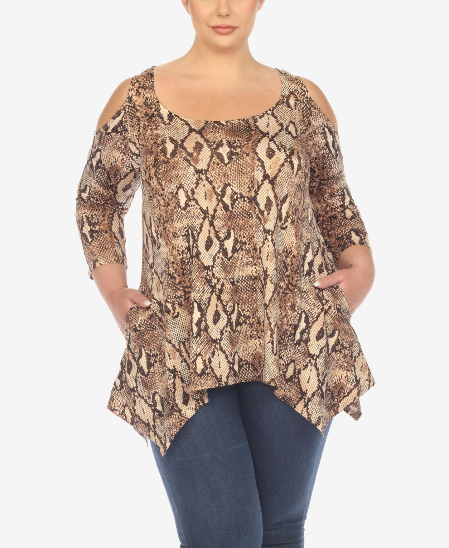 Женский топ White Mark Plus Size Snake Print Cold Shoulder Tunic Top, цвет: Коричневый — фото 1