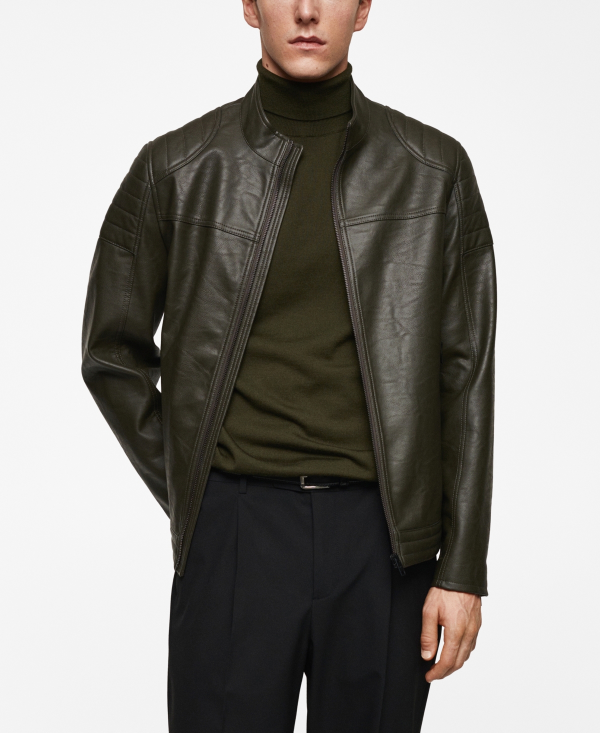 Men's Nappa Leather-Effect Jacket - Khaki