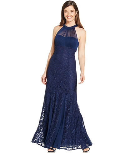 Nightway Metallic Lace Halter Gown - Dresses - Women - Macy's