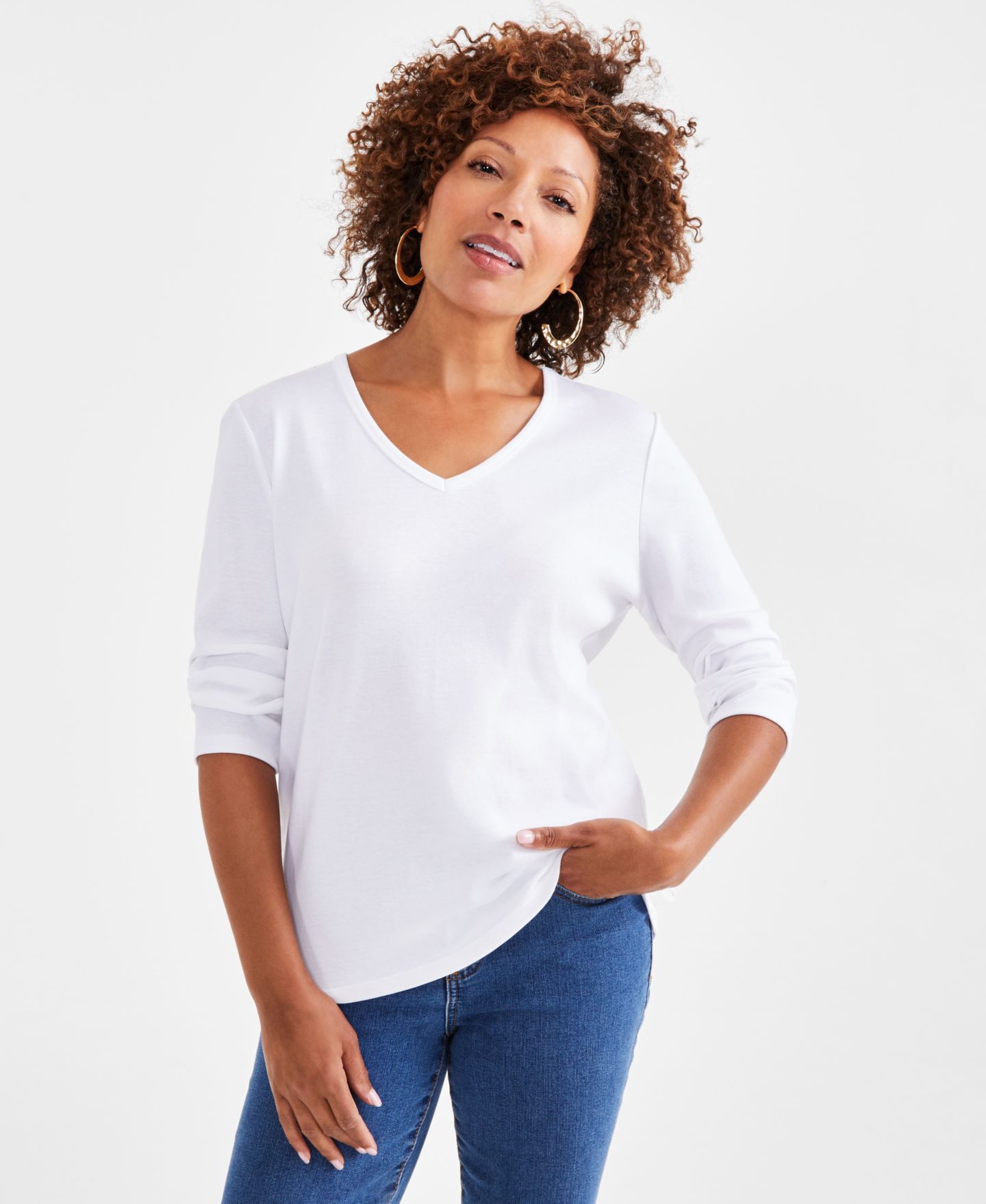 Женская футболка Style & Co Petite V-Neck 3/4-Sleeve, цвет: Яркий белый — фото 1