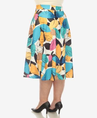 Plus Size Leaf Print Vintage Flared Midi Skirt