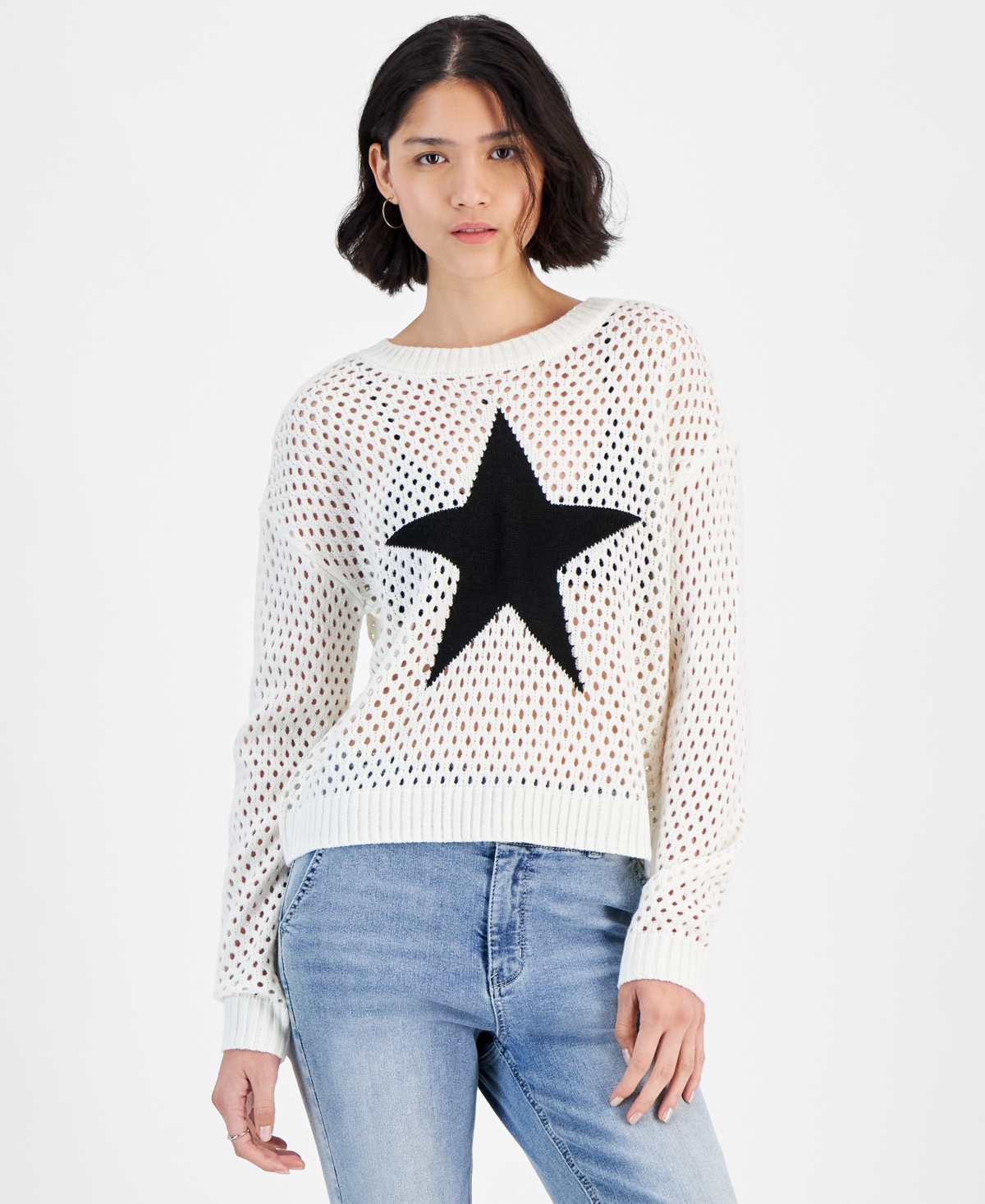 Juniors' Long-Sleeve Mesh Star Sweater - Deep Cobal