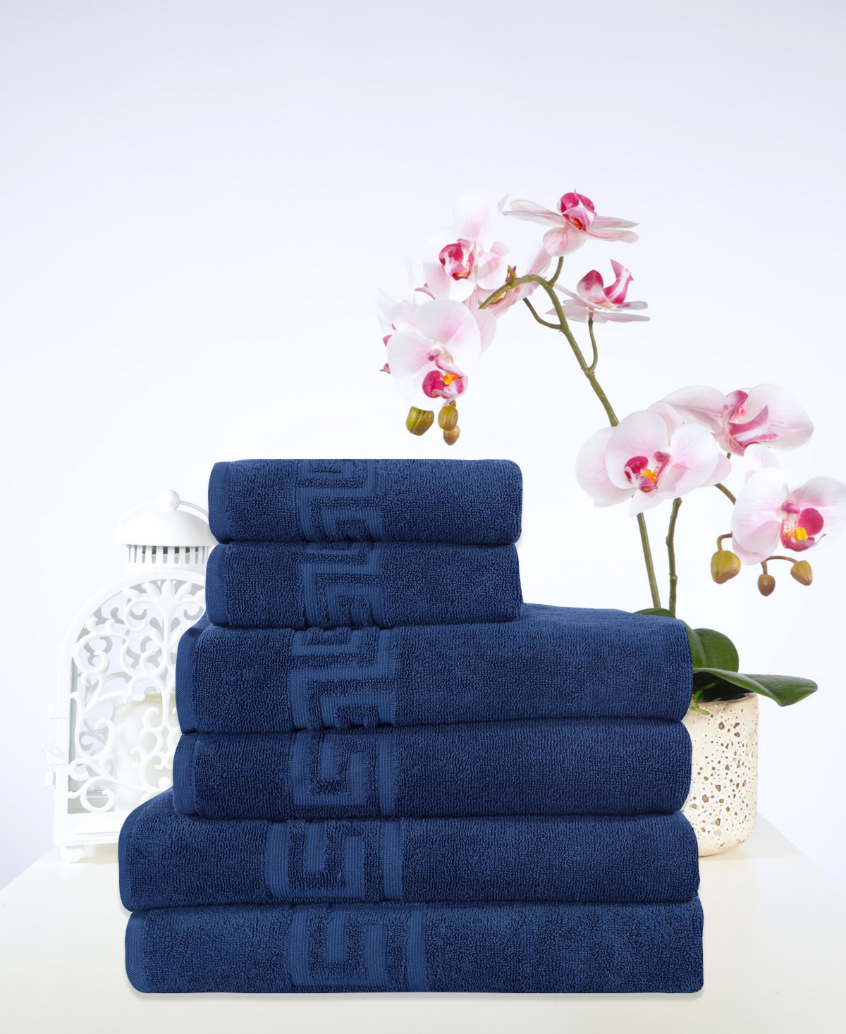 Shop Ozan Premium Home Milos Greek Key 100% Turkish Cotton 6-pc. Bath Towel Sets In Navy
