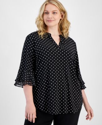 Kasper - Plus Size Dot-Print Flutter-Sleeve Blouse