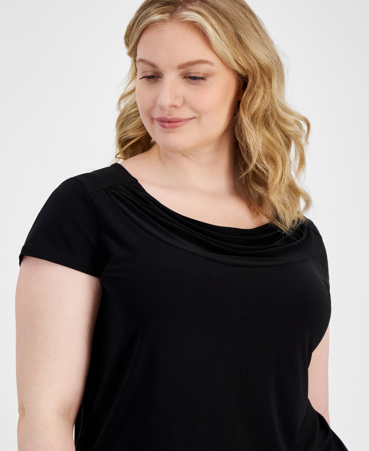 Kasper Plus Size Stretch Knit Short-Sleeve Cowl-Neck Top