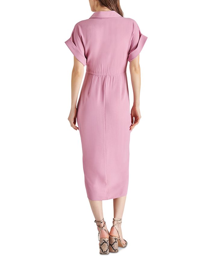 Women's Collar Button-Down Tie Waist Midi Shirt Dress - Short Sleeve, Pink, Large