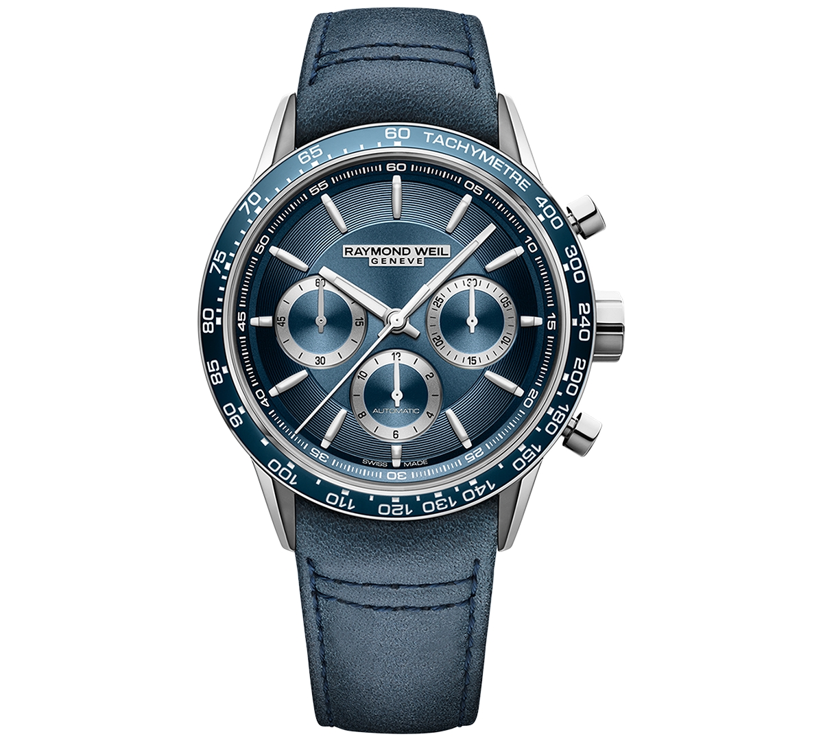 Men's Swiss Automatic Chronograph Freelancer Blue Leather Strap Watch 44mm
