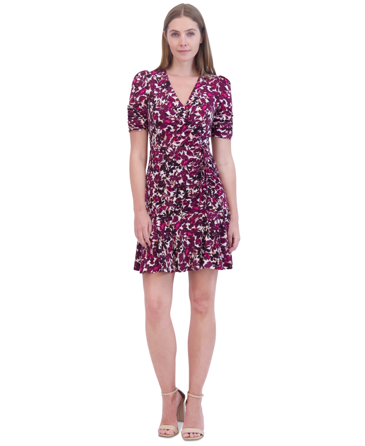 Petite Floral-Print Ruched Dress - Berry