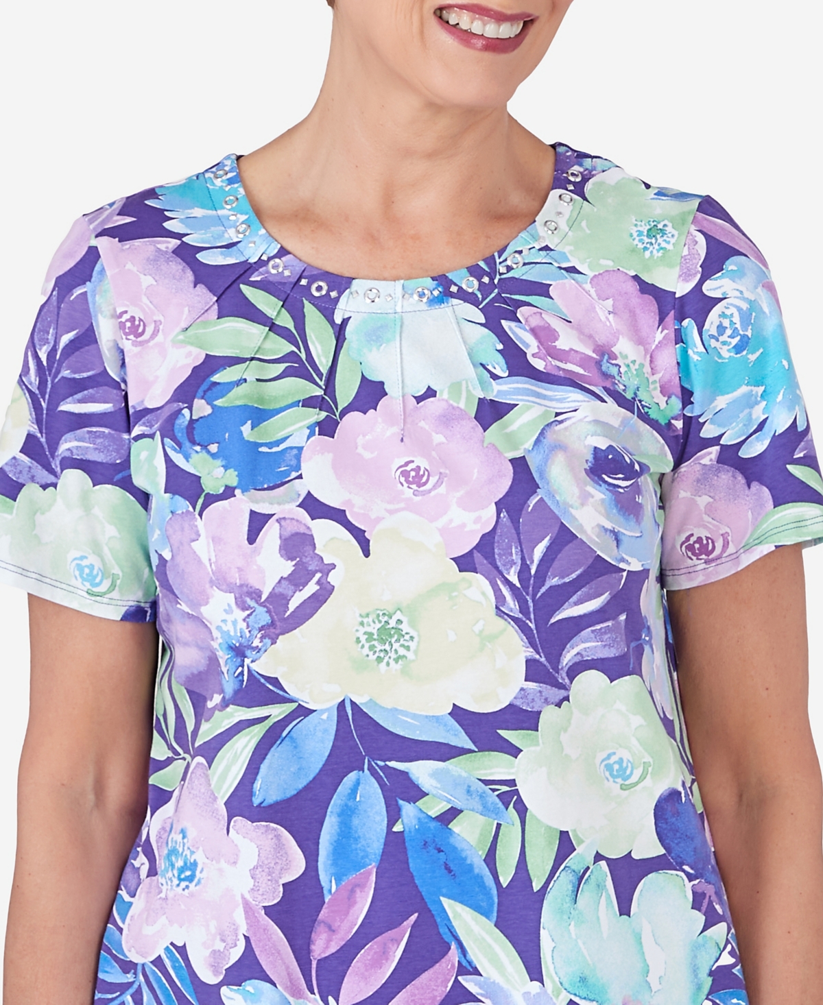 Shop Alfred Dunner Women's Pleated Neck Floral Short Sleeve Tee In Bright